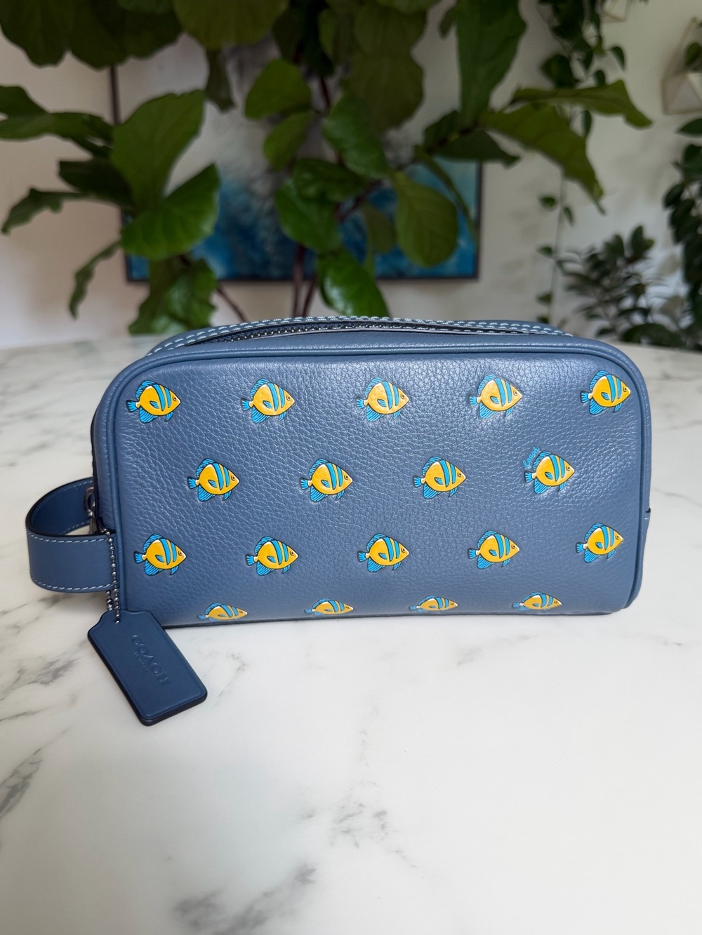 Coach Small Travel Kit Blue Pebbled Leather Fish Print Dopp Bag Toiletry CU139